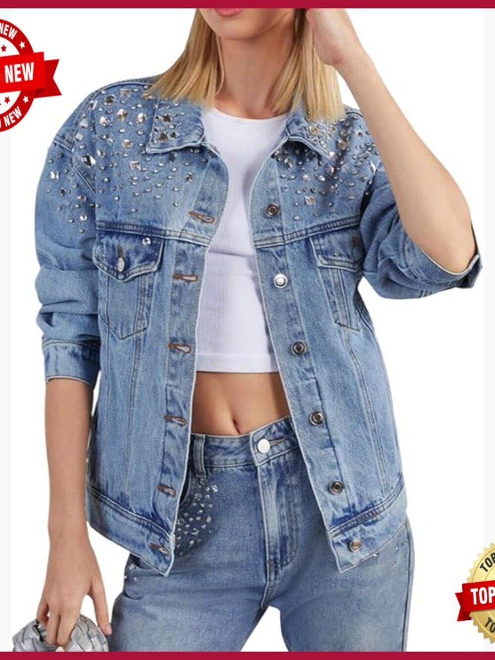 Embellished Denim Jacket Women's Vintage Western Trucker Button Down